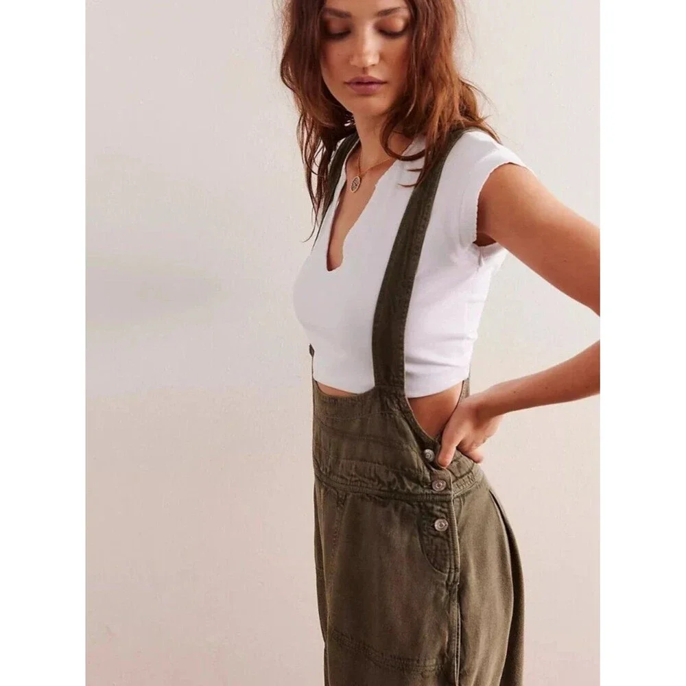 Free People We The Free Felix Tapered Overalls Jumpsuit Pinafore Olive XL 288353